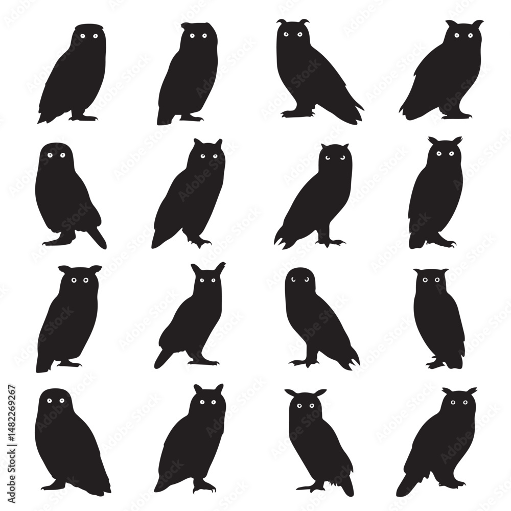 Naklejka premium Vector silhouette set of owl on white background