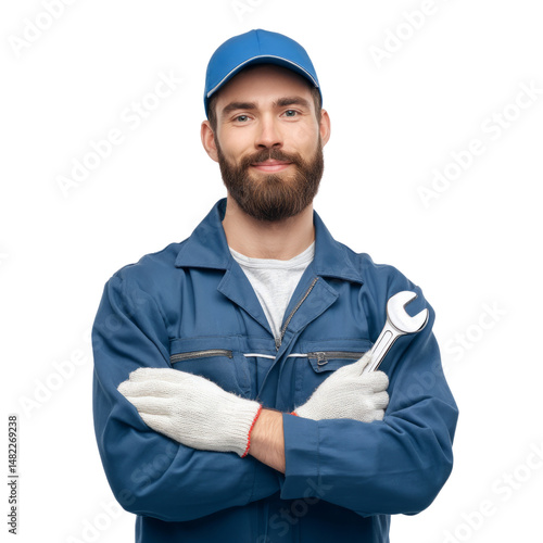 Professional mechanic with wrench on a transparent background in workshop environment