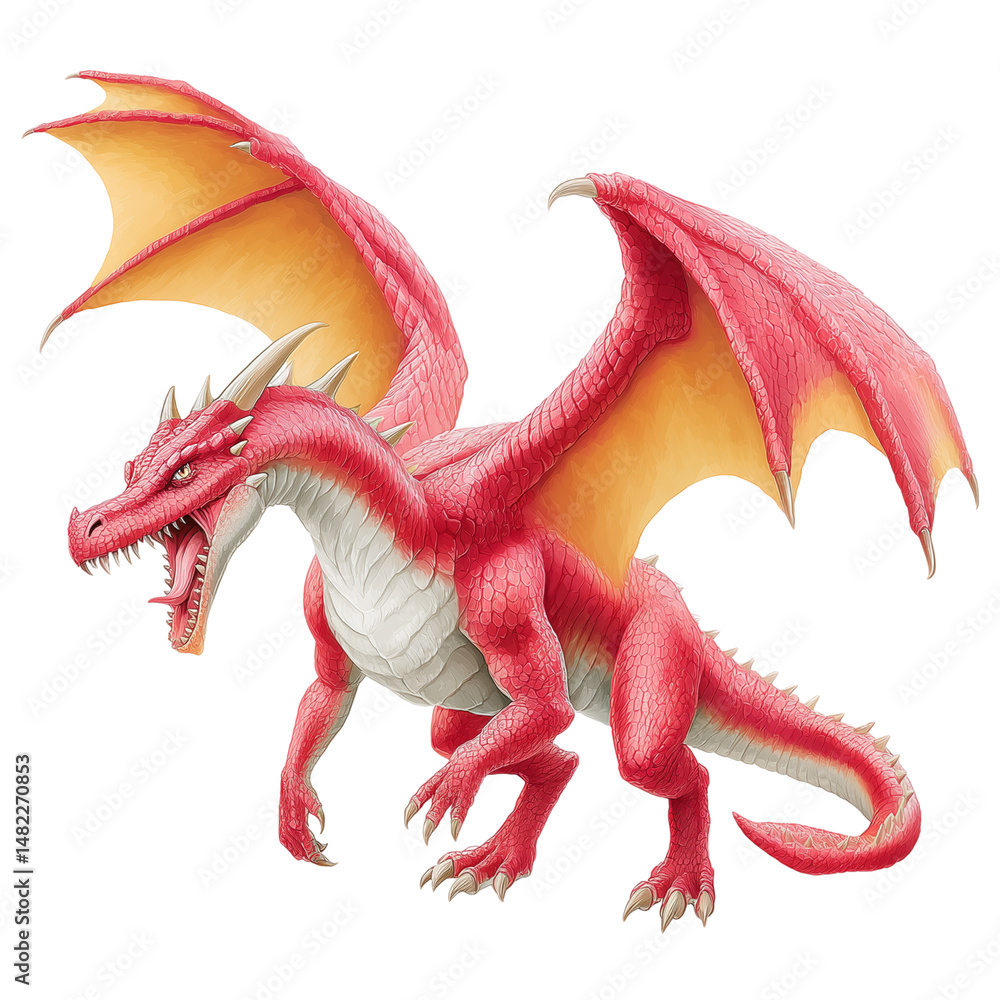 Red dragon with wings isolated on white background