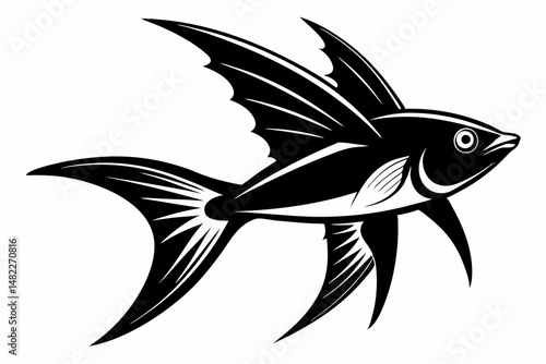 flying fish silhouette line art vector illustration with a white background