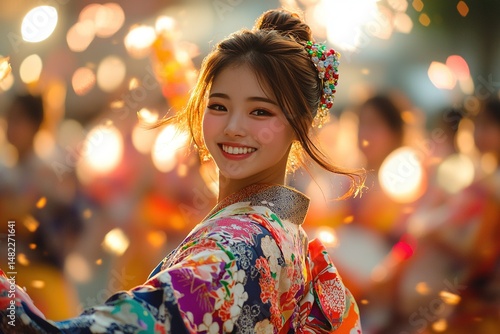A joyful woman in a colorful kimono smiles amidst a vibrant festival with glowing lights