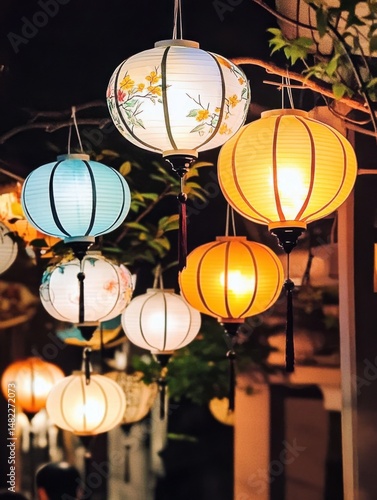 Many lanterns hanging on the top with dim background