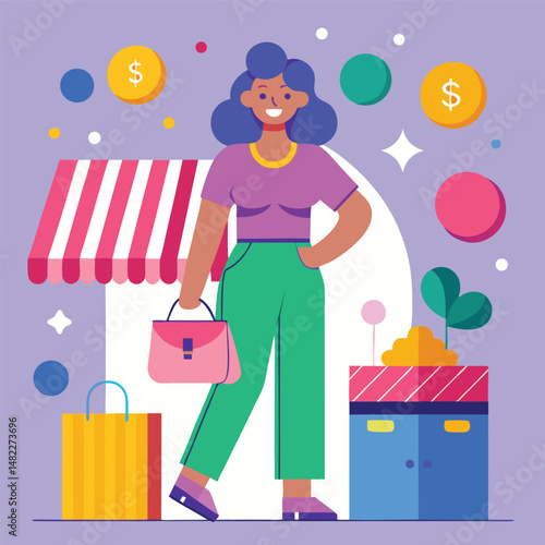 Woman with shopping bag and purse smiling after successful purchases in a modern shop.