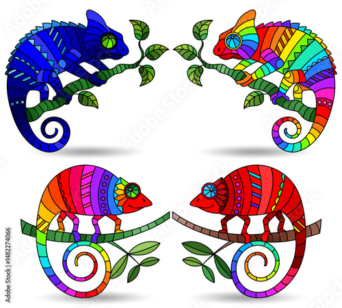 An illustration in the style of a stained glass window with bright chameleons, bright animals isolated on a white background