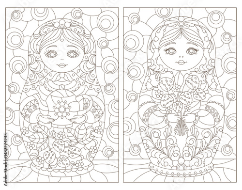 A set of contour illustrations in the style of stained glass with Russian dolls, dark contours on a white background