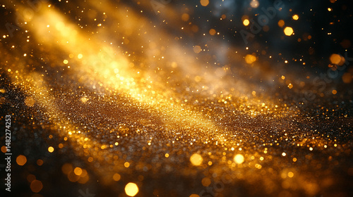 Golden glitter particles on dark background with light rays.