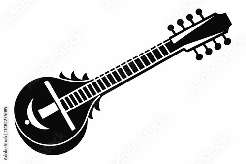 sitar silhouette line art vector illustration with a white background