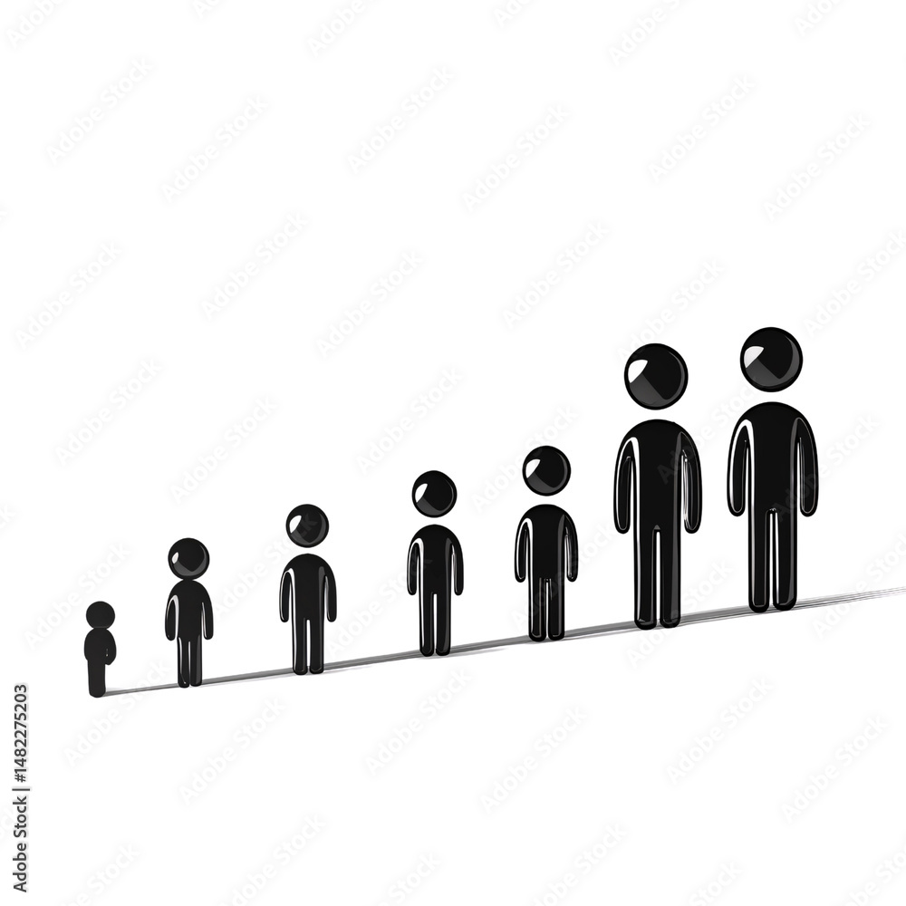 Black stick figures showing growth and development on a rising line, representing career progression, business success, and personal achievement Black stick figures showing growth and development on a rising line, representing career progression, business success, and personal achievement