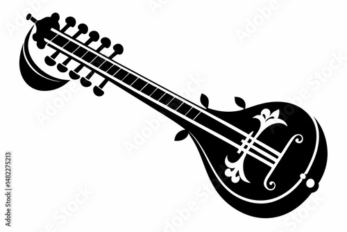 sitar silhouette line art vector illustration with a white background