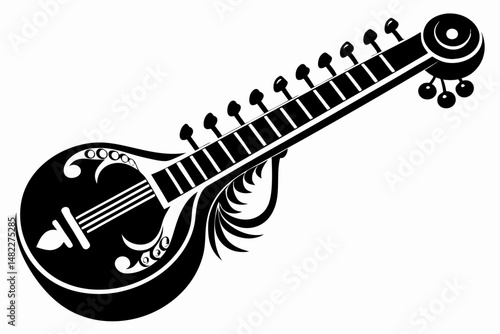 sitar silhouette line art vector illustration with a white background