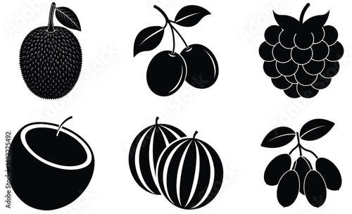 Fruit Silhouette Vector Set– Minimal Black Fruit Collection Illustration for Healthy Food, Kitchen Decor, Organic Product, and Nutrition Design Projects