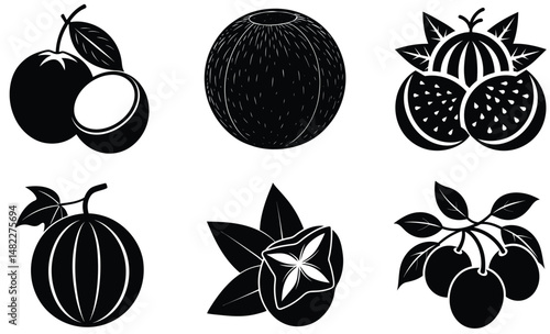 Fruit Silhouette Vector Set– Minimal Black Fruit Collection Illustration for Healthy Food, Kitchen Decor, Organic Product, and Nutrition Design Projects
