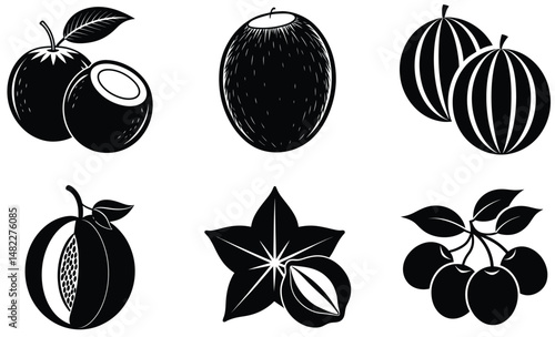 Fruit Silhouette Vector Set– Minimal Black Fruit Collection Illustration for Healthy Food, Kitchen Decor, Organic Product, and Nutrition Design Projects