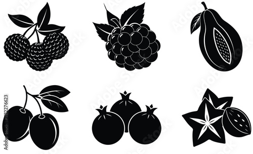 Fruit Silhouette Vector Set– Minimal Black Fruit Collection Illustration for Healthy Food, Kitchen Decor, Organic Product, and Nutrition Design Projects
