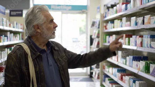 senior man looking for medical supplies in pharmacy shop