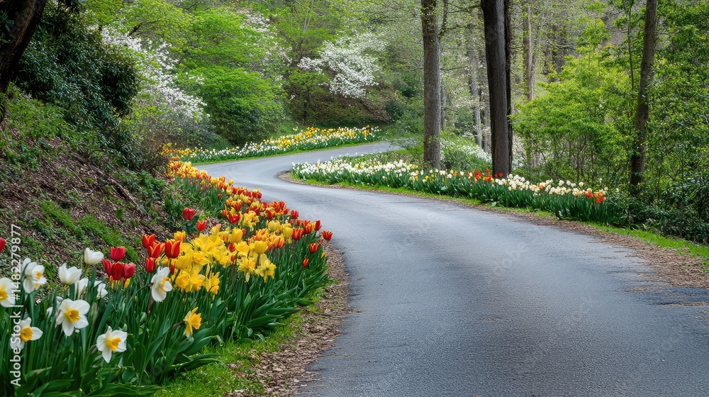 Fototapeta premium A hill road surrounded by dense patches of blooming tulips and daffodils