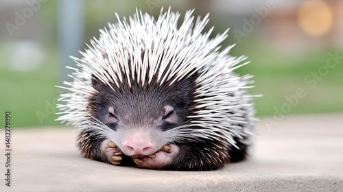 A timid porcupine hugging itself tightly while snoozing soundly, endearing qualities amplified significantly