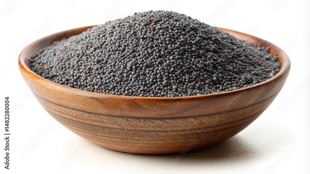Heap of dried poppy seeds in a wooden bowl, close up studio shot Heap of dried poppy seeds in a wooden bowl, close up studio shot
