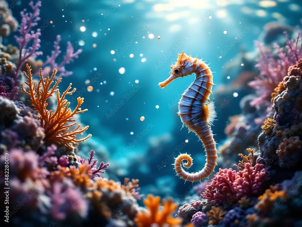 Detailed seahorse in its underwater habitat with coral and sea plants. Ideal for marine life visuals and educational content Detailed seahorse in its underwater habitat with coral and sea plants. Ideal for marine life visuals and educational content