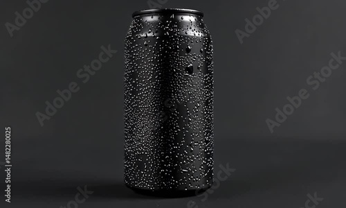 Black beverage can with condensation droplets on a dark background, highlighting refreshment