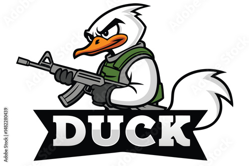 Aggressive Duck Cartoon Character with Assault Rifle, Vector Illustration for Mascot or Logo Design.
