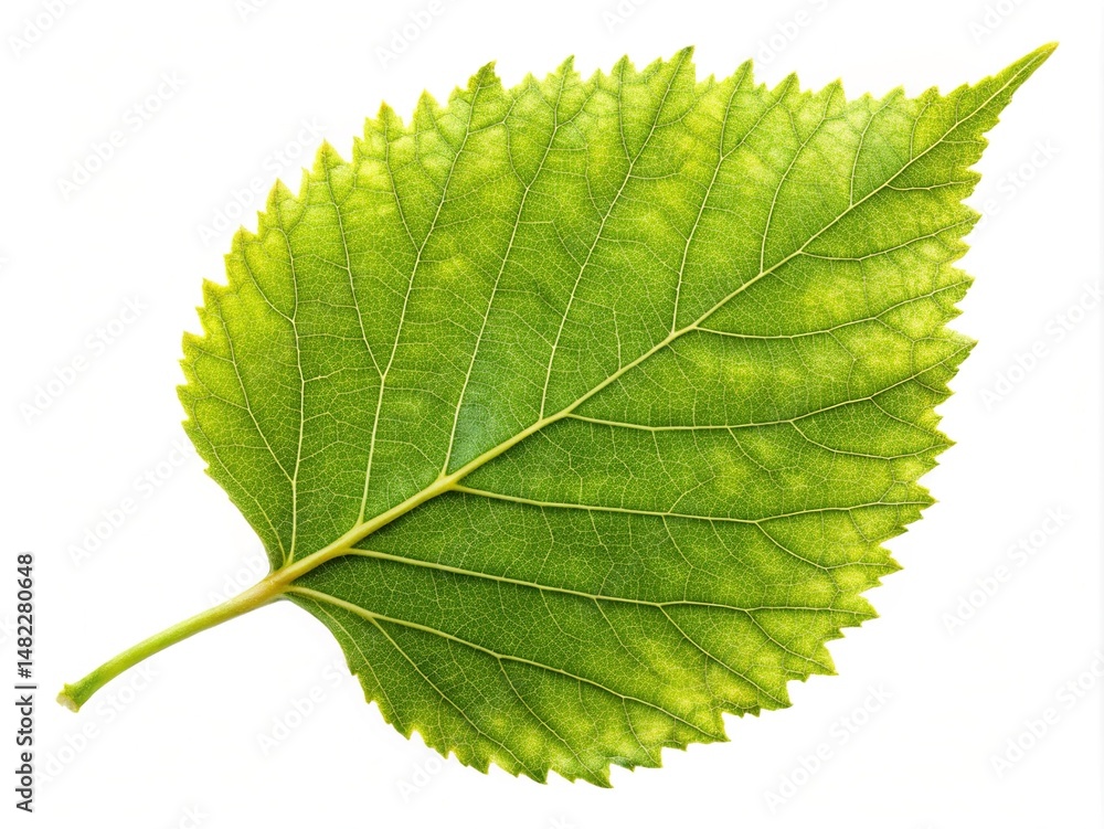 Fototapeta premium Close up of a single, vibrant green tree leaf isolated on white
