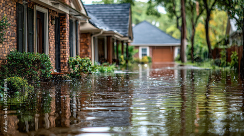 Flooded residential area with heavy rainfall creating serene yet alarming scene. Water covers ground, reflecting surrounding homes and greenery