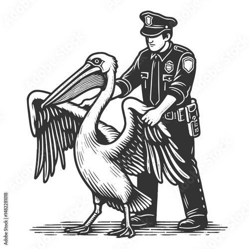 police officer placing a belt on a pelican's beak in a humorous arrest scenario sketch engraving generative ai fictional character vector illustration. Scratch board imitation. Black and white image.