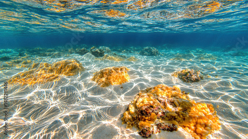 Underwater scene showcasing vibrant coral formations and clear blue water, highlighting beauty of marine life and ocean ecosystems