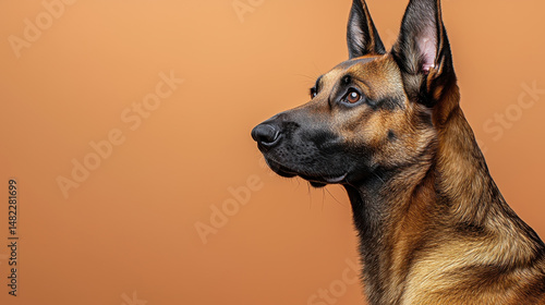 Majestic dog with sleek coat and attentive expression stands against warm orange background, showcasing its beauty and elegance
