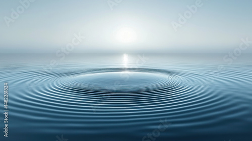 Serene water surface with gentle ripples reflecting soft light of sun, creating tranquil atmosphere
