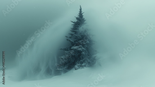 Solitary evergreen tree stands amidst severe blizzard, surrounded by swirling snow and fog, creating serene yet dramatic winter scene