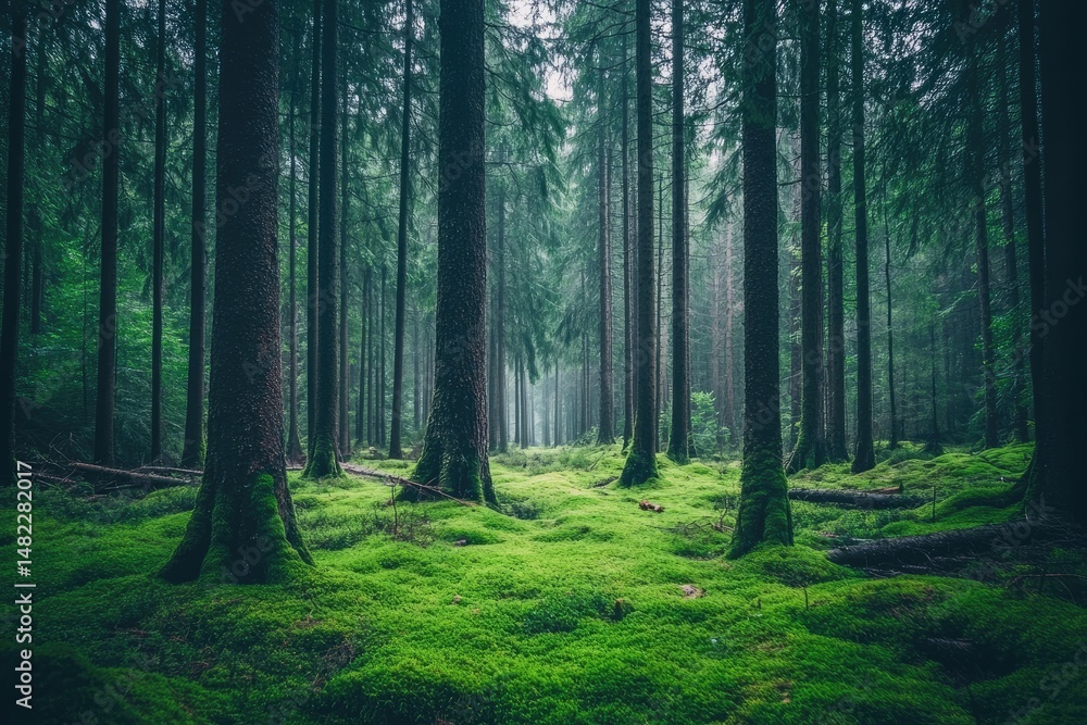 Obraz premium Misty forest path, lush moss, tall trees