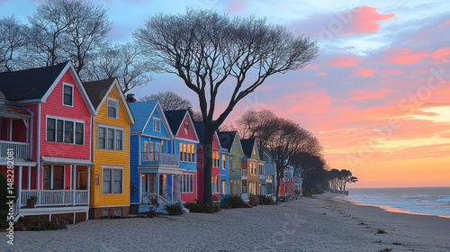Colorful beach houses line sandy shore under vibrant sunset sky, creating picturesque scene of tranquility and charm