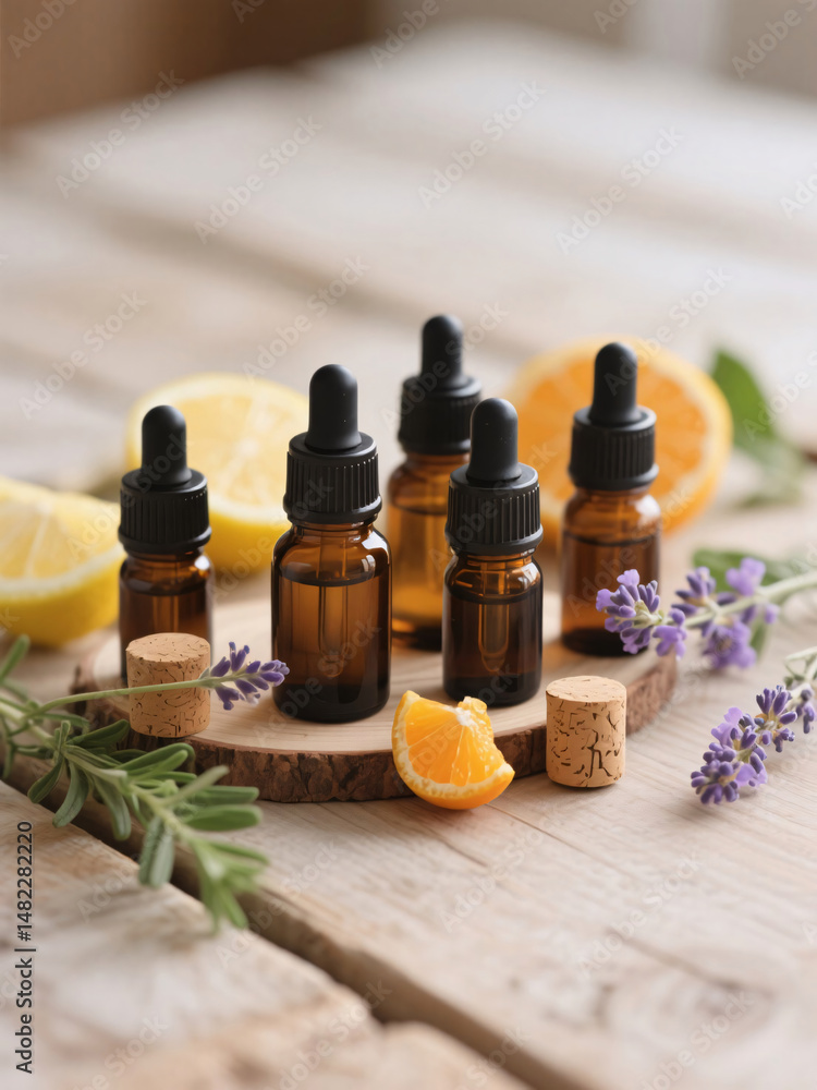 Dropper bottles of essential oils with wooden cork, lemon, lavender, fresh orange flowers, wellness scene, natural therapy, aromatherapy, calming oils, rejuvenation Dropper bottles of essential oils with wooden cork, lemon, lavender, fresh orange flowers, wellness scene, natural therapy, aromatherapy, calming oils, rejuvenation