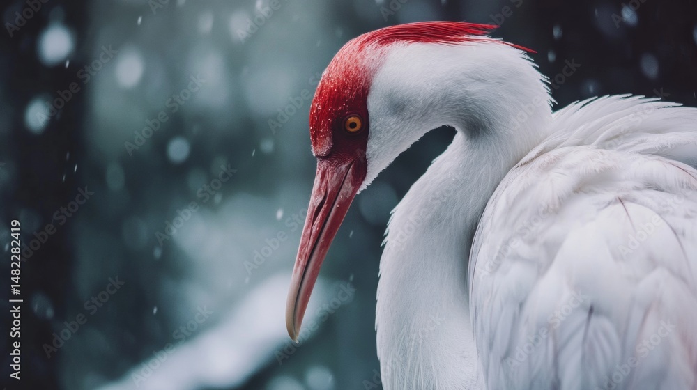 Obraz premium White crane bird in snowy background with feathers blowing for serene nature winter wildlife portrait scene