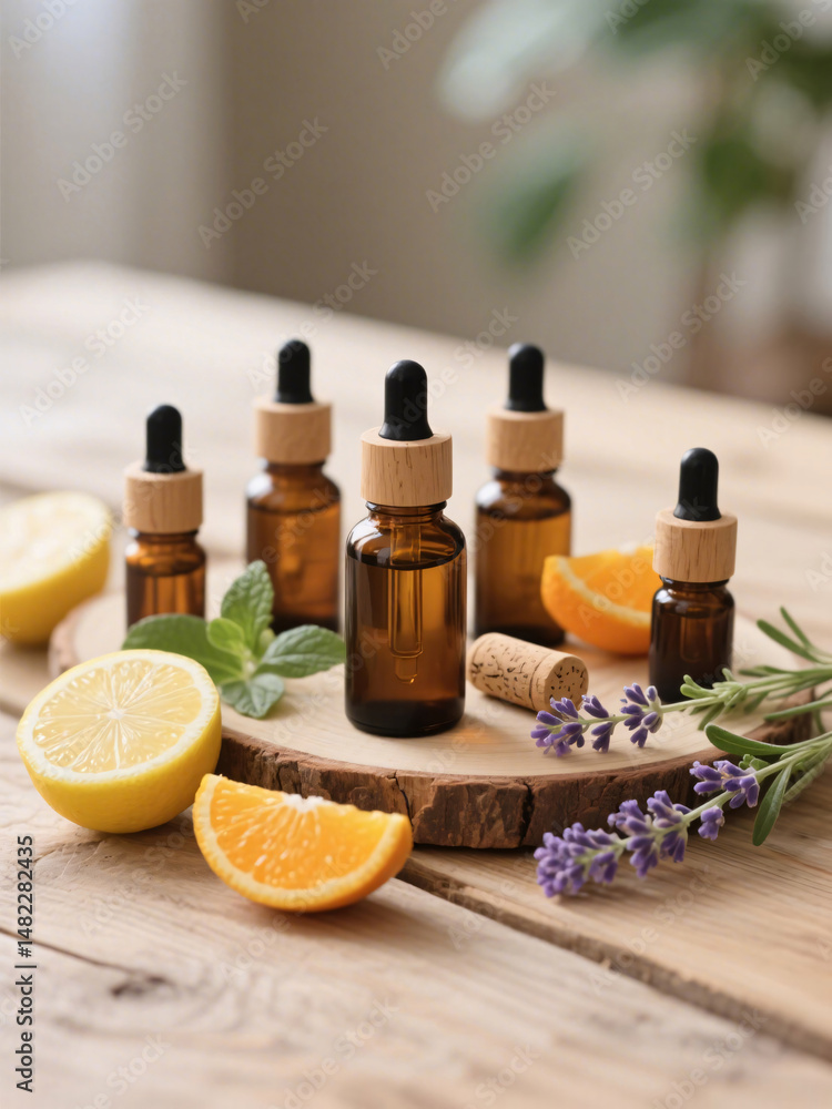 Aromatherapy essential oils in dropper bottles, wooden cork, lavender, orange, lemon, fresh flowers, natural wellness scene, healing oils, peaceful ambiance Aromatherapy essential oils in dropper bottles, wooden cork, lavender, orange, lemon, fresh flowers, natural wellness scene, healing oils, peaceful ambiance