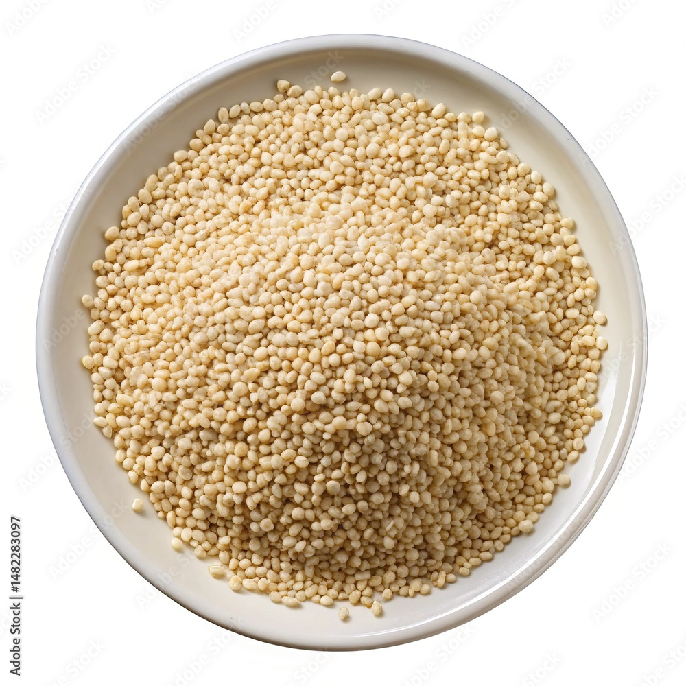 Overhead View of Couscous in a White Bowl Ready for Cooking Overhead View of Couscous in a White Bowl Ready for Cooking
