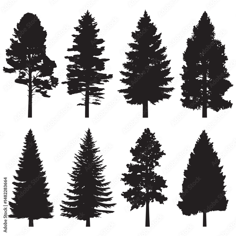 Obraz premium Vector silhouette set of pine trees on white background 
