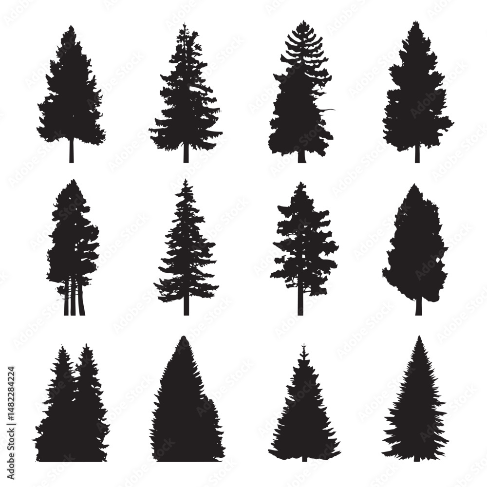 Obraz premium Vector silhouette set of pine trees on white background
