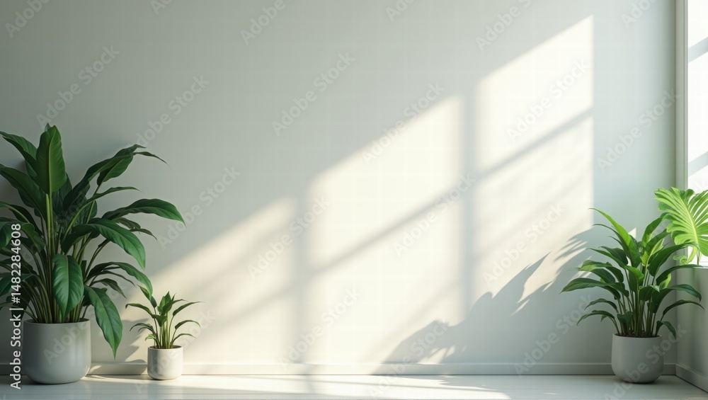 Fototapeta premium Tall green indoor plants stand in decorative pots near a bright window, with soft sunlight casting leafy shadows across the white wall and wooden floor. Generative, AI,