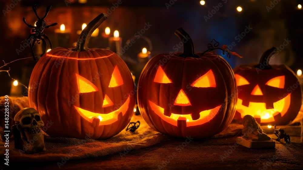 Glowing jacko'lanterns and flickering candles create spooky halloween ambiance Glowing jacko'lanterns and flickering candles create spooky halloween ambiance