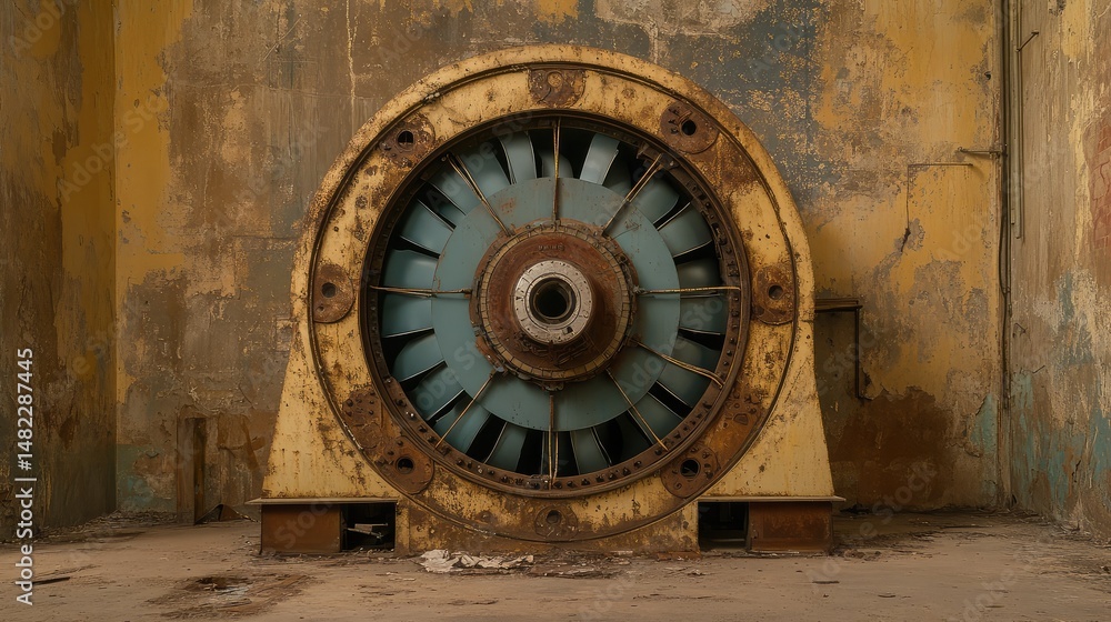 Fototapeta premium View of industrial centrifugal fan with exposed ductwork and wiring