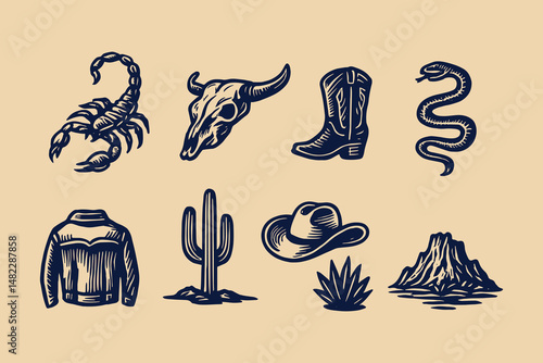 Wild west desert elements cowboy sketch vector icon set