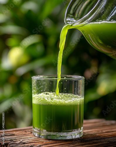 Green juice is poured into clear glass with delightful splash, creating refreshing and vibrant beverage against leafy backdrop