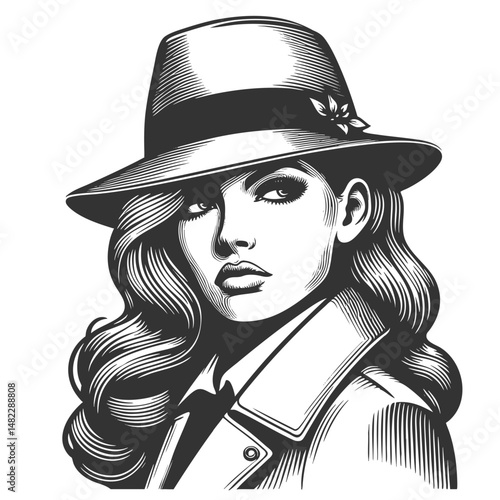 femme fatale wearing a trench coat and fedora hat, capturing a vintage noir aesthetic sketch engraving generative ai fictional character vector illustration. Scratch board. Black and white image.