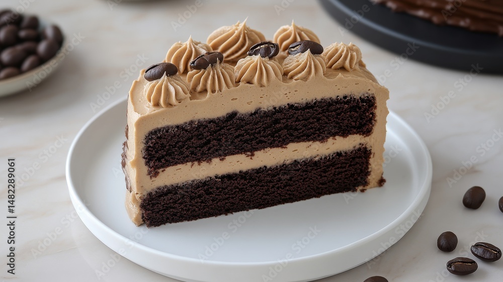 Delicious Slice of Mocha Cake with Coffee Frosting and Chocolate Espresso Beans on White Plate Delicious Slice of Mocha Cake with Coffee Frosting and Chocolate Espresso Beans on White Plate