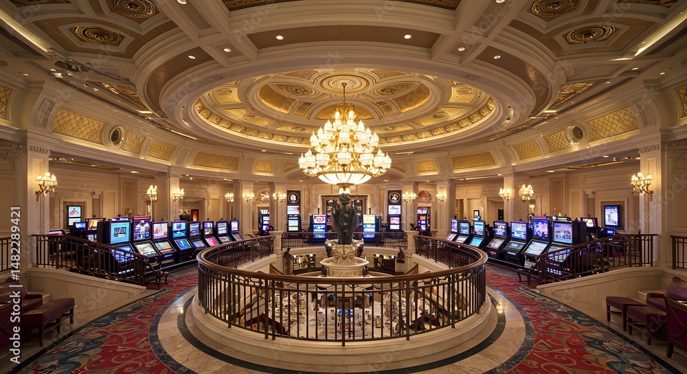 Obraz premium Casino Interior with Slot Machines and Elegant Chandelier Lighting