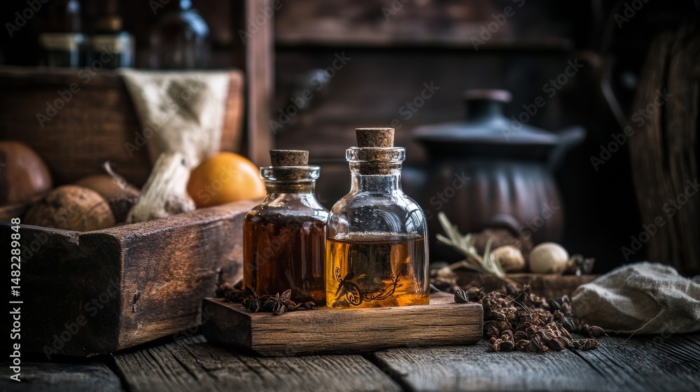 Rustic table with herbal bottles and old books for apothecary vintage medicine healing natural remedy antique scene Rustic table with herbal bottles and old books for apothecary vintage medicine healing natural remedy antique scene