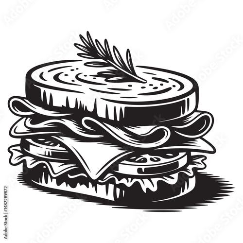 Bold graphic illustration of a delicious sandwich with intricate details Vector black silhouette. with white background